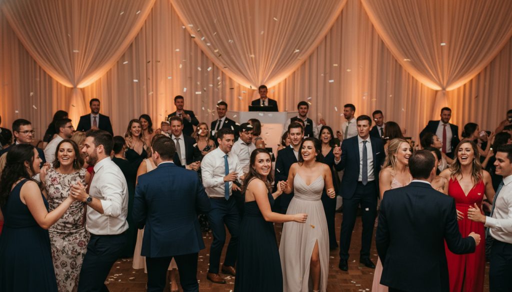 Wedding guests dancing and having fun at a Toronto reception.