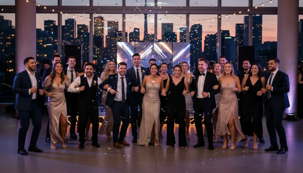 Wedding guests dancing and having fun at a Toronto wedding reception.