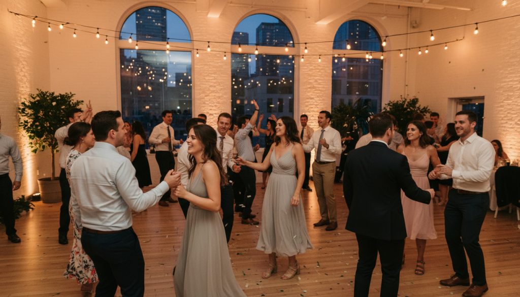 Guests dancing and having fun at a Toronto wedding reception.