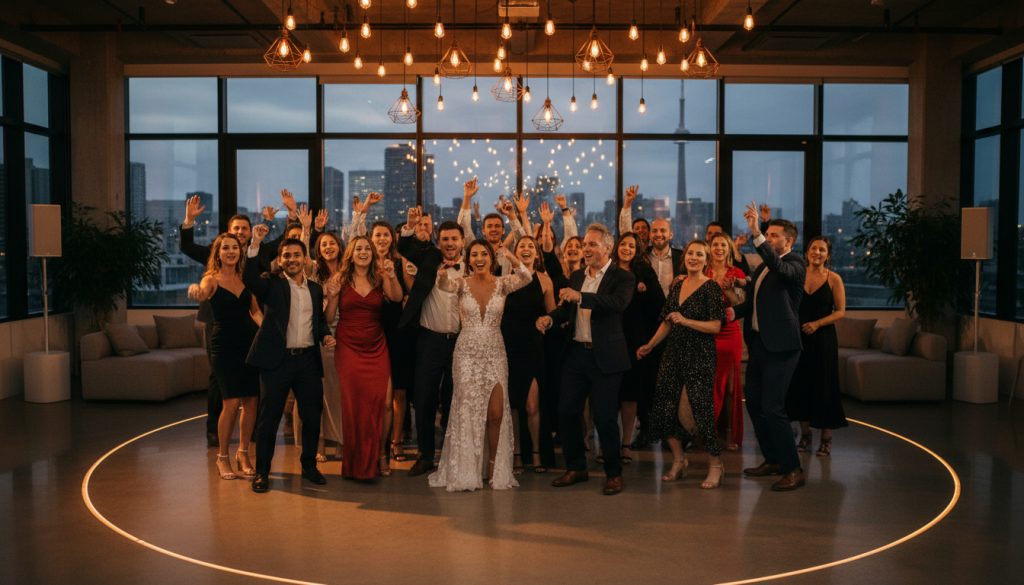 Guests dancing and having fun at a Toronto wedding reception.