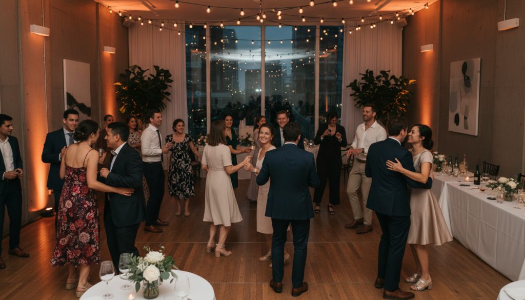 Guests dancing at a Toronto wedding reception with warm lighting.