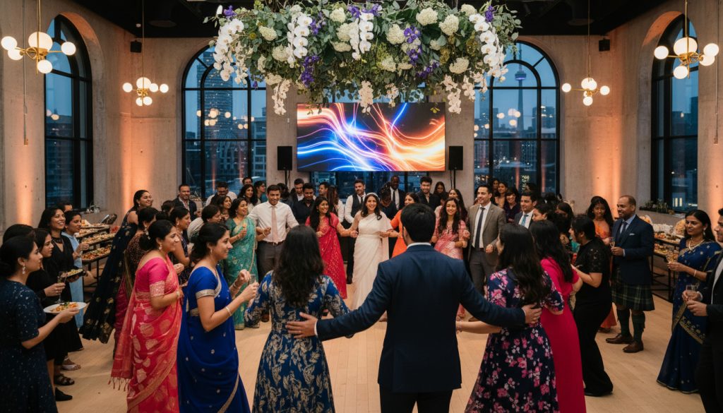 Guests dancing at a multicultural Toronto wedding reception.