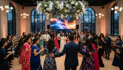 Guests dancing at a multicultural Toronto wedding reception.