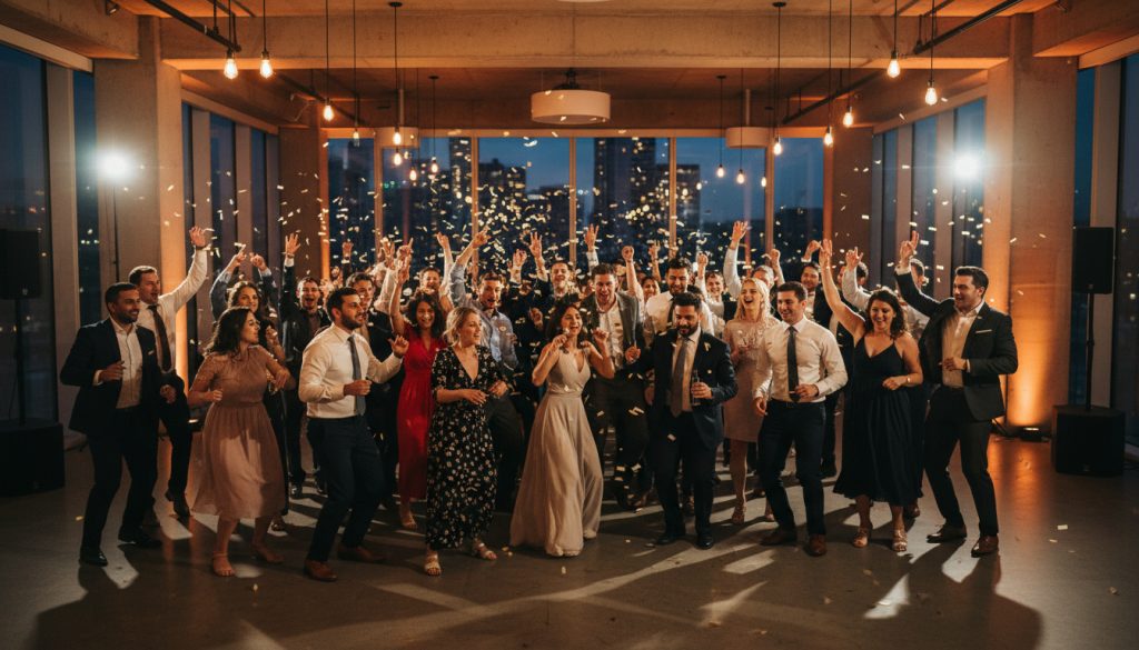 Guests dancing at a Hamilton wedding reception with a fun, energetic vibe.
