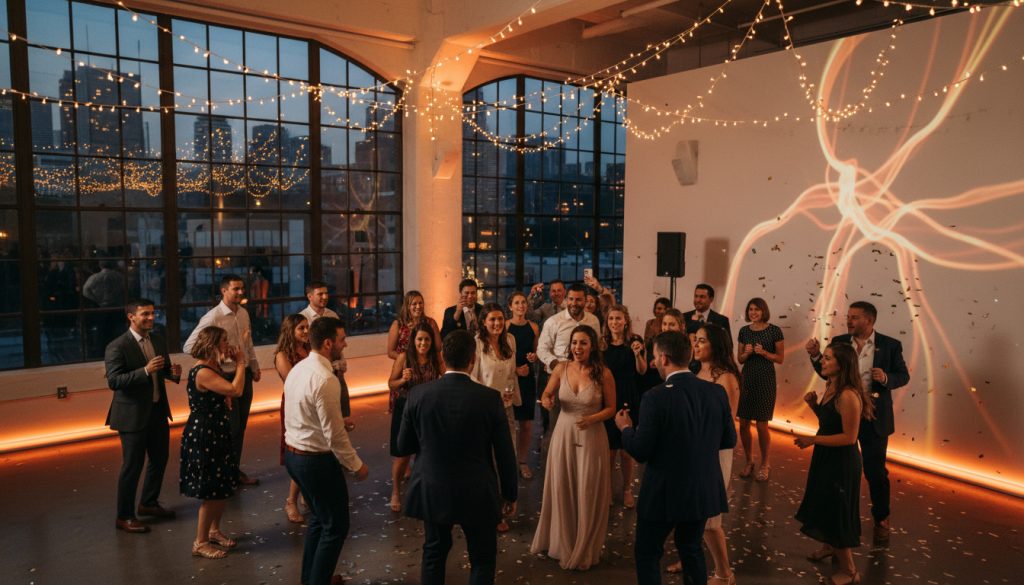Guests dancing and celebrating on a packed Toronto wedding dance floor.