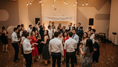 Wedding guests dancing and having fun at a Toronto reception.
