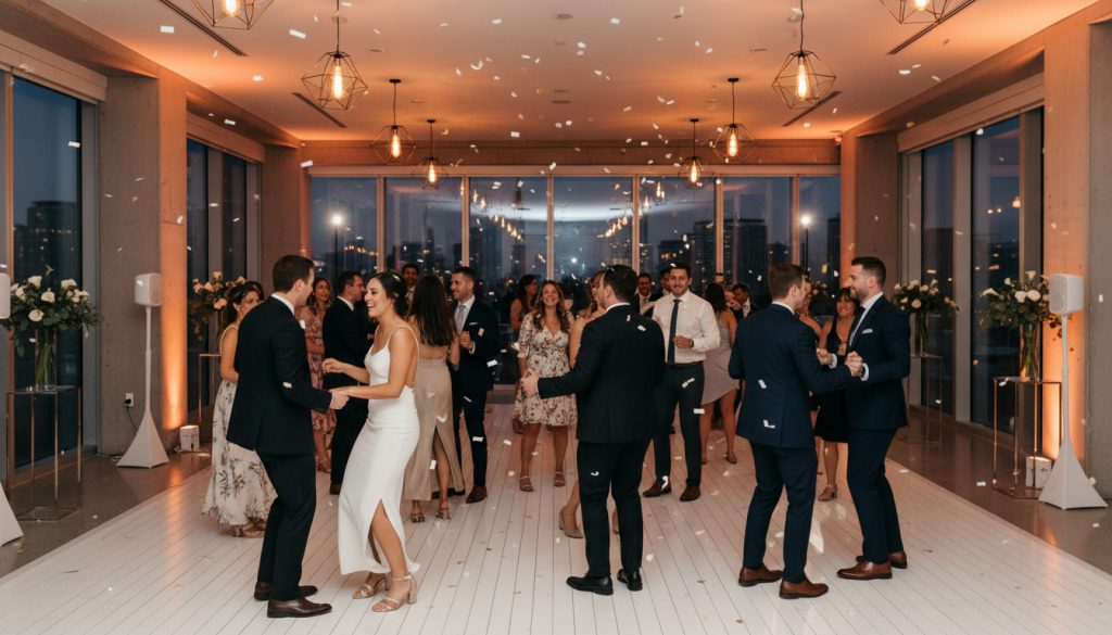 Guests dancing at a Toronto wedding reception with warm lighting.