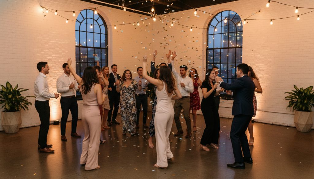 Wedding guests dancing and having fun at a Toronto reception.