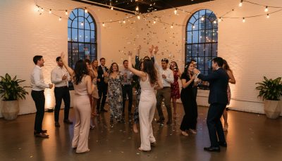 Wedding guests dancing and having fun at a Toronto reception.