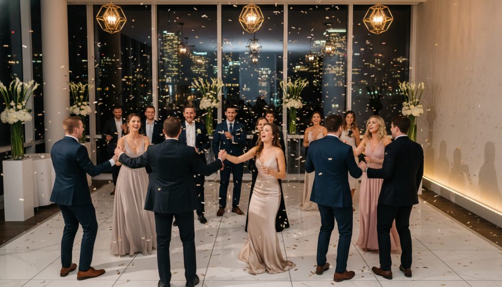 Guests dancing and having fun at a Toronto wedding reception.