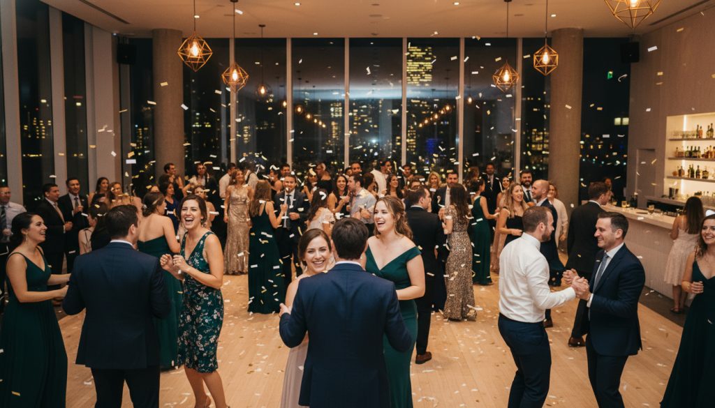 Wedding guests dancing and having fun on the dancefloor in a Toronto venue.