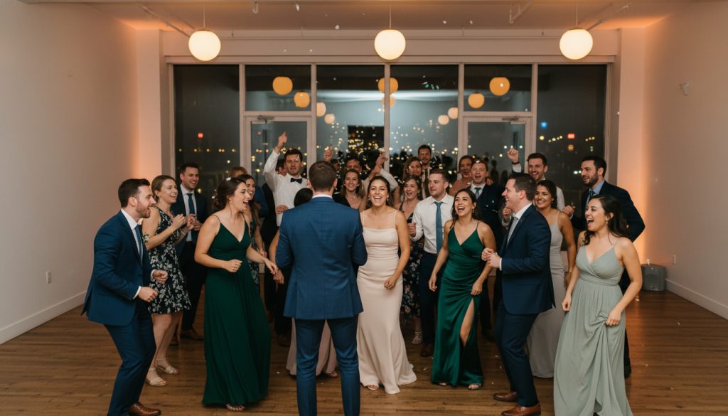 Guests dancing and having fun at a Toronto wedding reception.