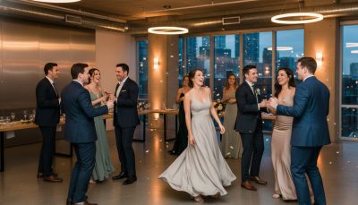 Wedding guests dancing and having fun at a Toronto reception.