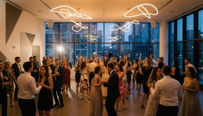 Guests dancing and enjoying a wedding reception in Toronto.