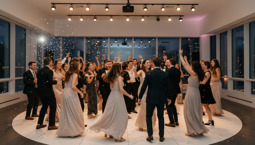 Wedding guests dancing and celebrating at a Toronto wedding.