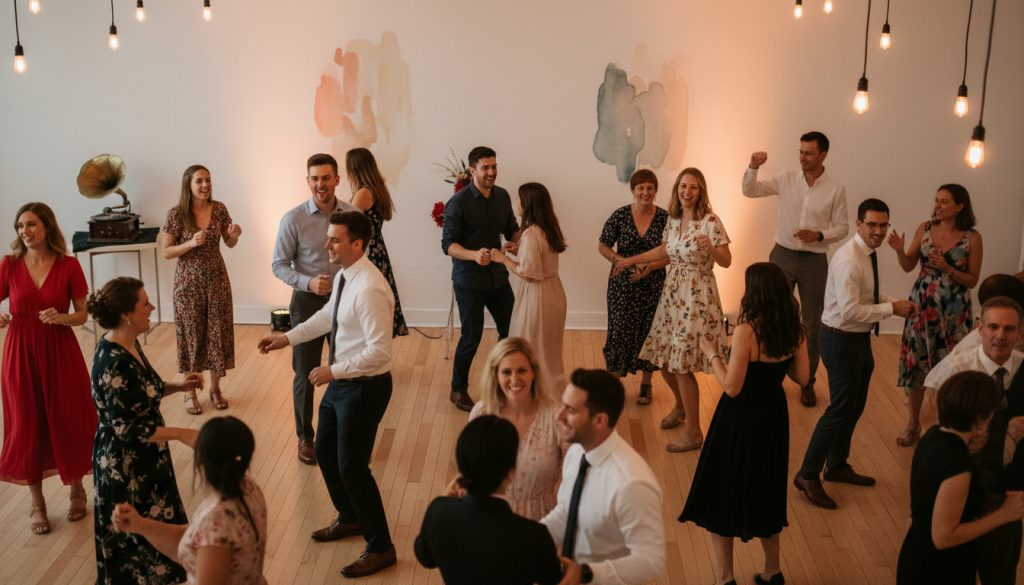 Guests dancing at a Toronto wedding reception with a minimalist background.