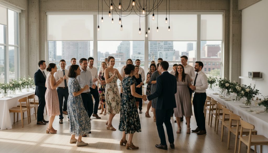 Wedding guests dancing and having fun at a Toronto wedding reception.