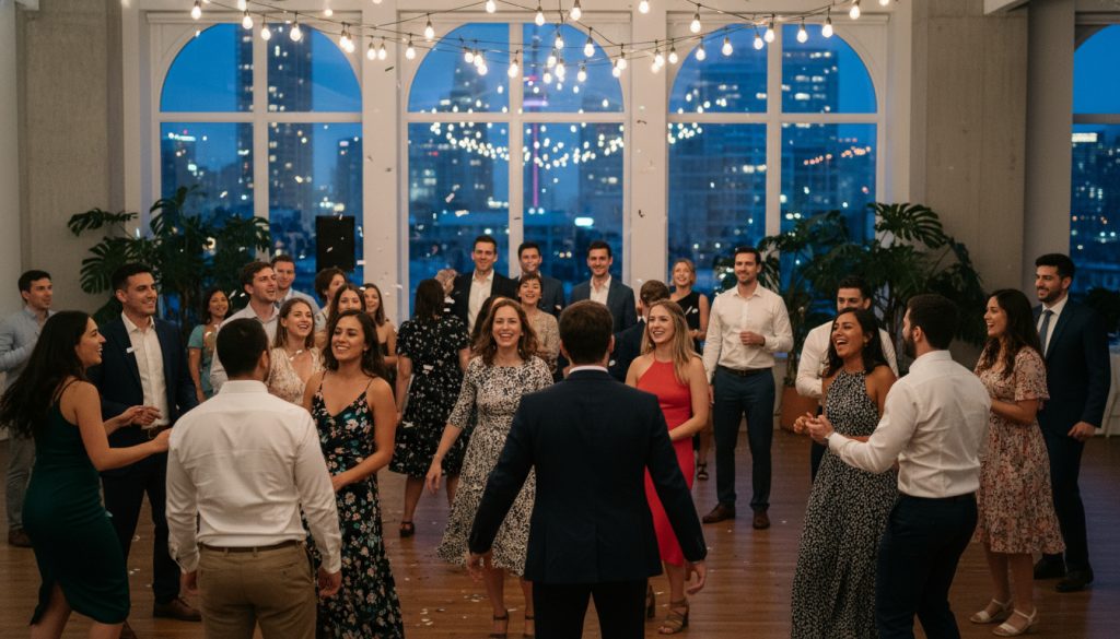 Guests dancing and laughing at a Toronto wedding reception.