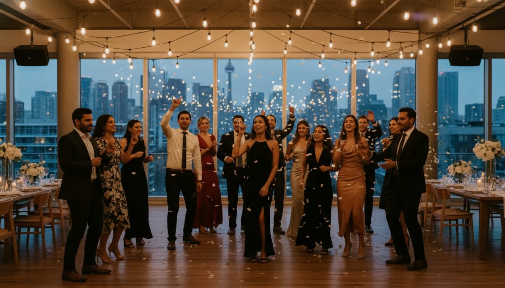 Wedding guests dancing at a Toronto reception with a modern minimalist background