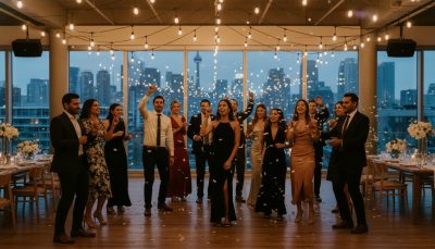 Wedding guests dancing at a Toronto reception with a modern minimalist background