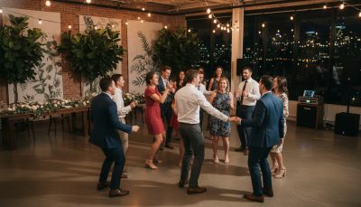 Wedding guests dancing and having fun at a Toronto reception.