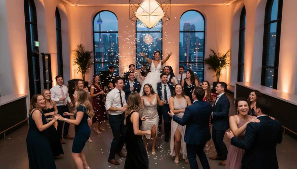 Wedding guests dancing and having fun on a lively Toronto dance floor.