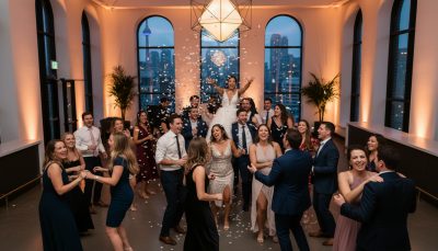 Wedding guests dancing and having fun on a lively Toronto dance floor.