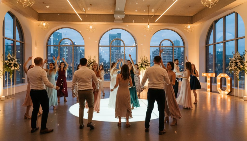 Wedding guests dancing joyfully at a Toronto reception