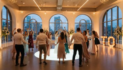 Wedding guests dancing joyfully at a Toronto reception