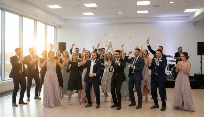 Wedding guests dancing and celebrating at a Toronto reception.