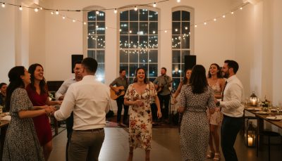Wedding guests dancing and having fun at a Toronto reception.