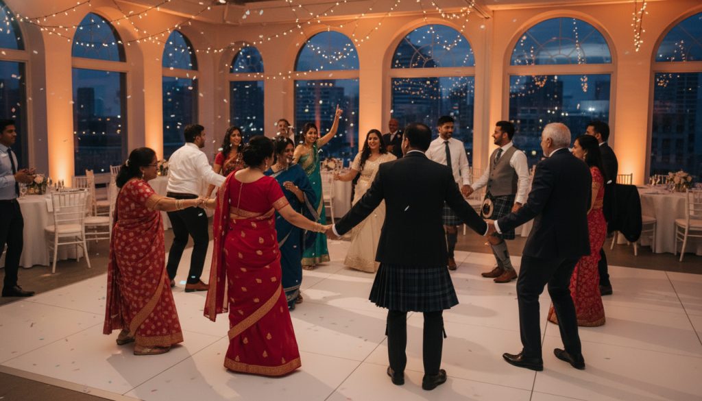 Guests dancing and celebrating at a Toronto wedding reception.