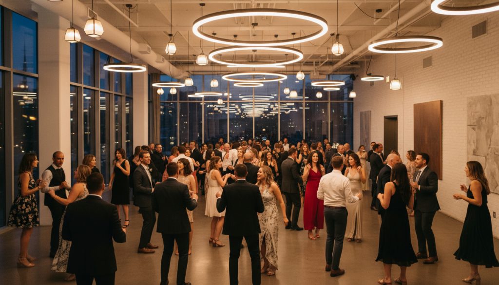 Wedding guests dancing and having fun at a Toronto wedding reception.
