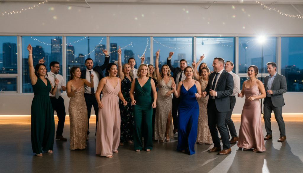 Wedding guests dancing and celebrating together on a busy dance floor.