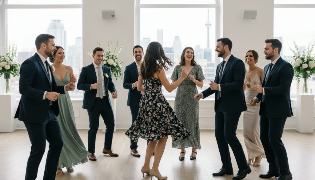 Wedding guests dancing and enjoying a Toronto reception with a minimalist backdrop.