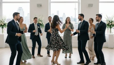 Wedding guests dancing and enjoying a Toronto reception with a minimalist backdrop.