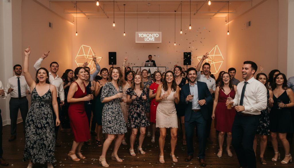 Guests dancing and having fun on a wedding dance floor.