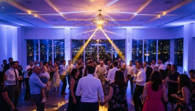 Wedding guests dancing and enjoying a packed dance floor in Toronto.