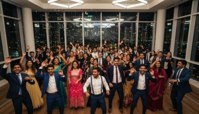 Guests dancing and celebrating at a Toronto wedding reception.