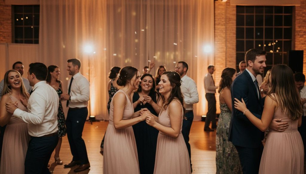 Guests dancing at a Toronto wedding with soft, elegant lighting.