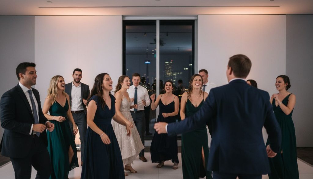 Wedding guests dancing and celebrating on the dance floor.