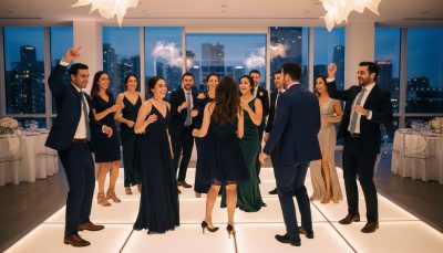 Wedding guests dancing and having fun at a Toronto reception.