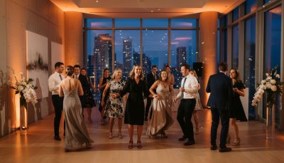 Wedding guests dancing and celebrating during a Toronto wedding reception.