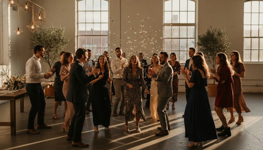 Wedding guests dancing and smiling during a Toronto reception.