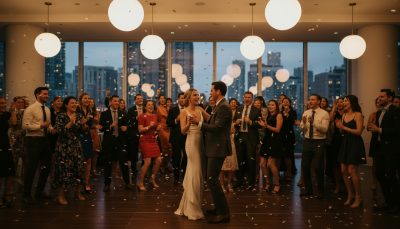 Wedding guests dancing at a Toronto reception with a happy and energetic atmosphere.