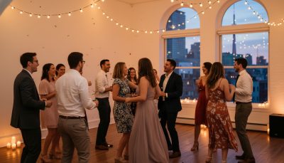 Guests dancing and having fun at a Toronto wedding reception.