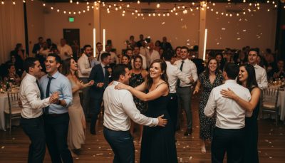 Wedding guests dancing at a Toronto reception with a fun and lively atmosphere.