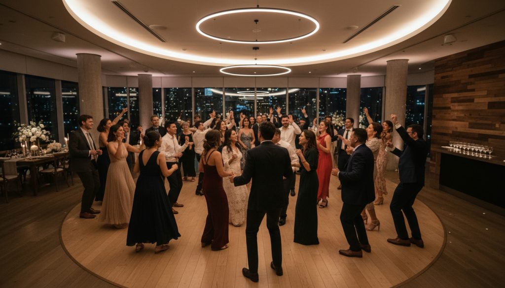 Guests dancing at a Toronto wedding reception and enjoying the music.
