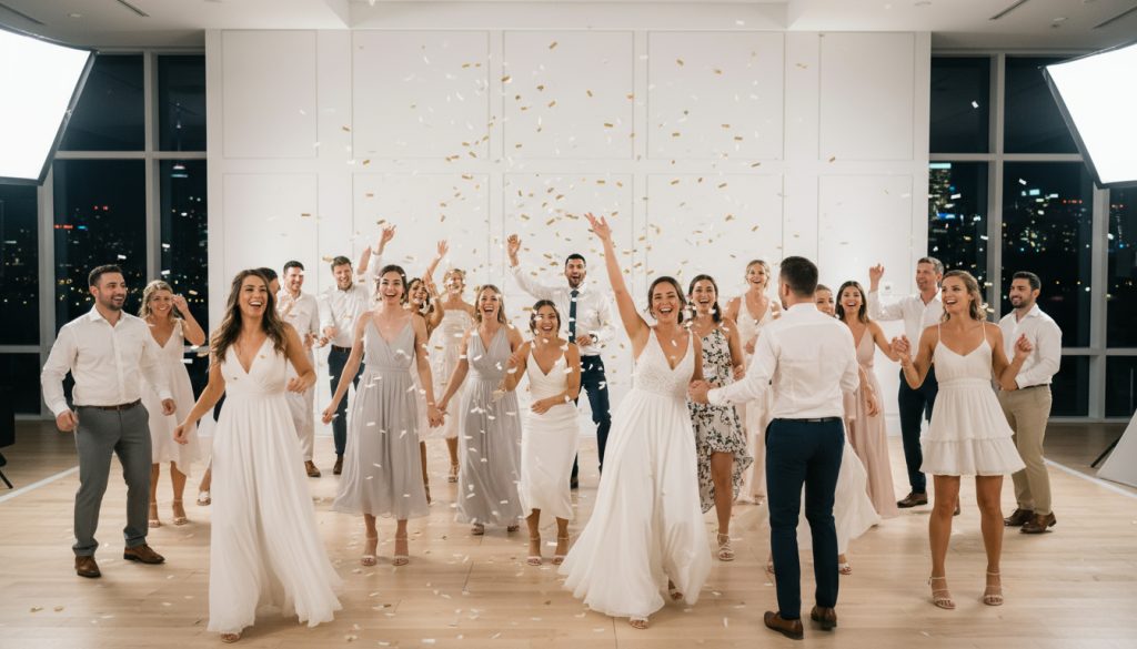 Wedding guests dancing and having fun on the dance floor with bright lighting