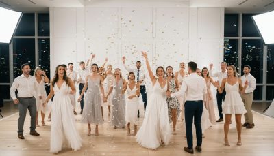 Wedding guests dancing and having fun on the dance floor with bright lighting